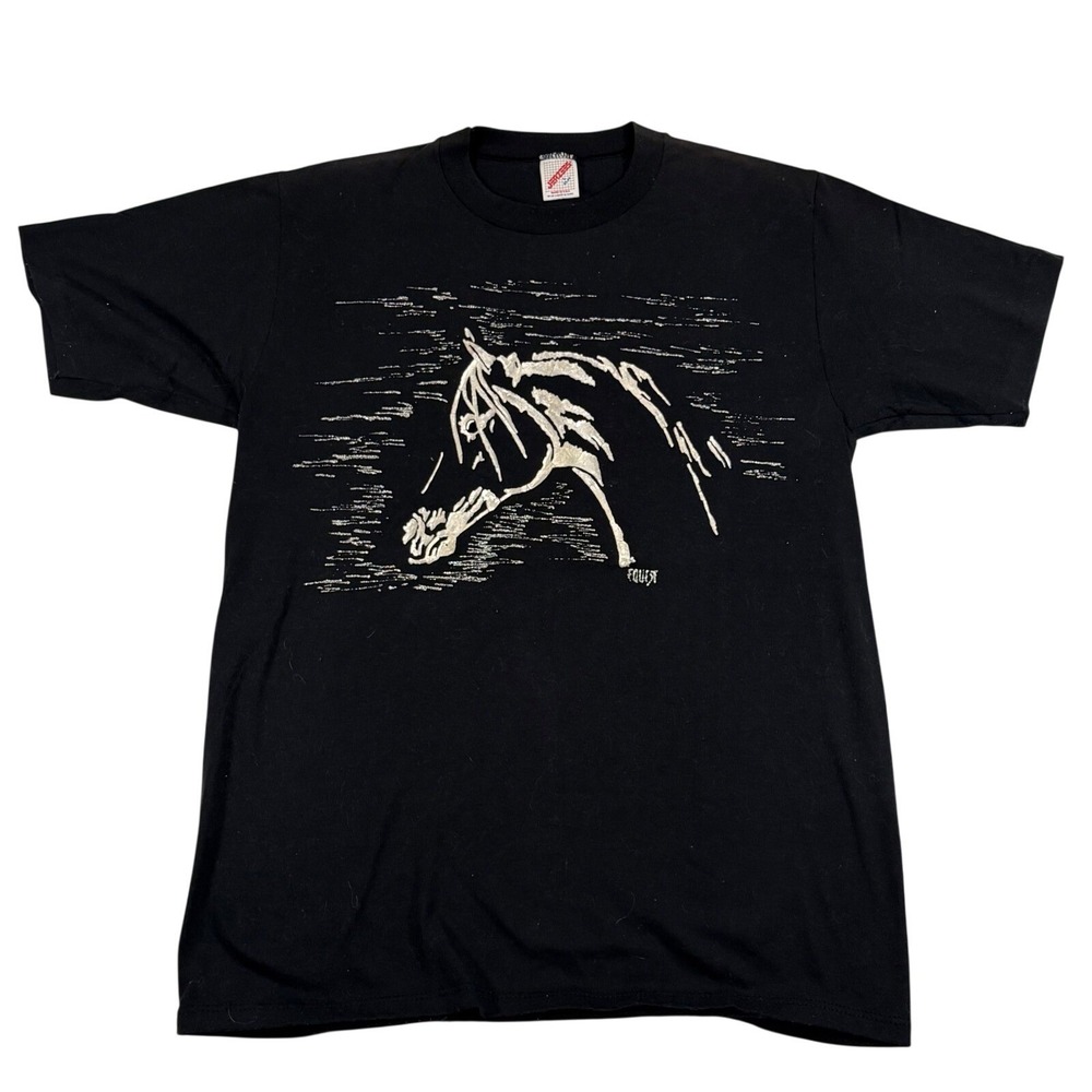 Jerzees Horse Graphic Vintage T-Shirt Black Puff Print Equest Made in USA Large